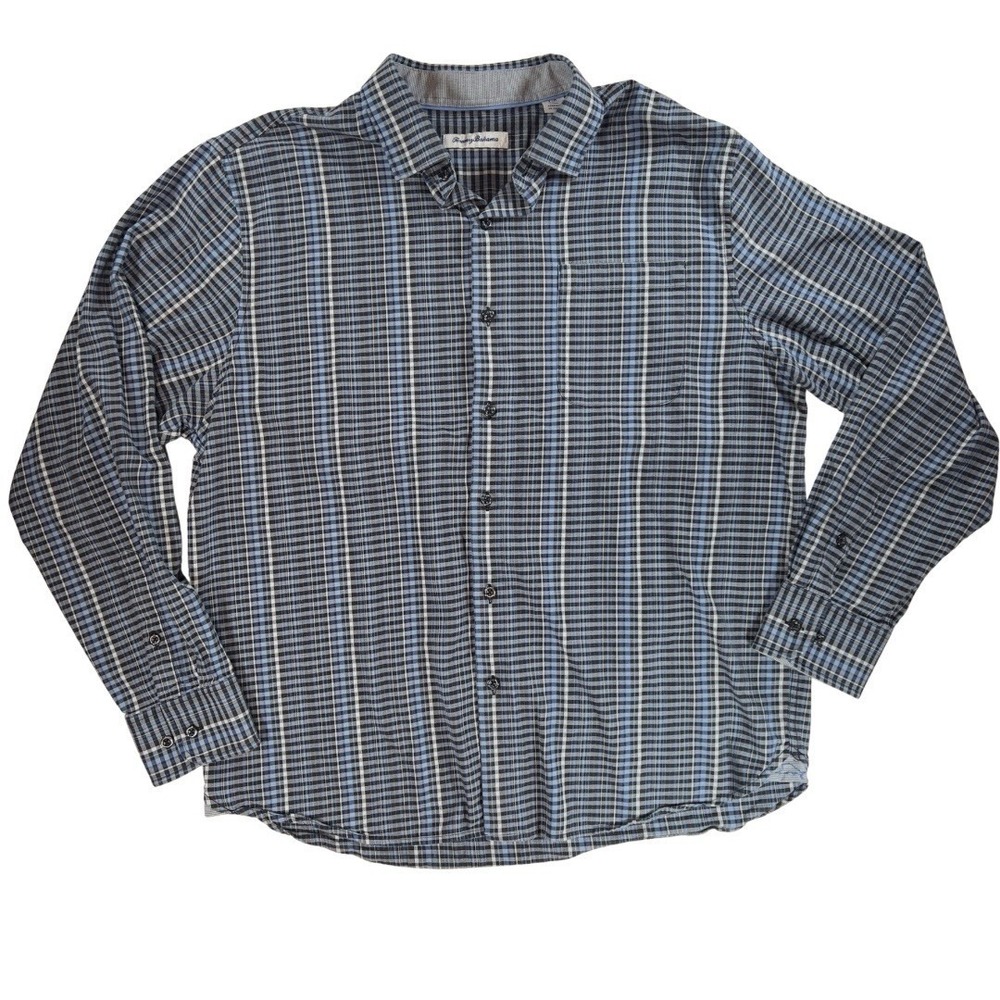 Tommy Bahama Men's Plaid Long Sleeve Button Front Shirt Blue Black L Cotton